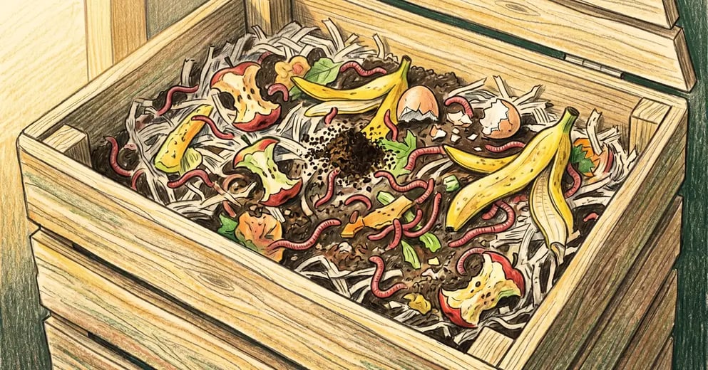 Pencil-crayon illustration of a wooden worm composting bin with red wigglers feeding on banana peels, apple cores, coffee grounds and crushed eggshells in shredded newspaper bedding