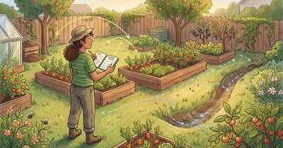 Pencil-crayon illustration of a weekend gardener observing their backyard with a notebook, sketching sun and water flow on a small suburban lot at golden hour