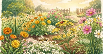 Pencil-crayon illustration of a vibrant backyard pollinator garden with flowering dill, calendula, alyssum, yarrow and cosmos — a ladybug, hover fly and lacewing visiting the flowers in late afternoon light