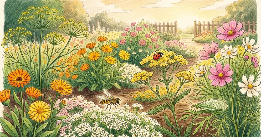 Pencil-crayon illustration of a vibrant backyard pollinator garden with flowering dill, calendula, alyssum, yarrow and cosmos — a ladybug, hover fly and lacewing visiting the flowers in late afternoon light