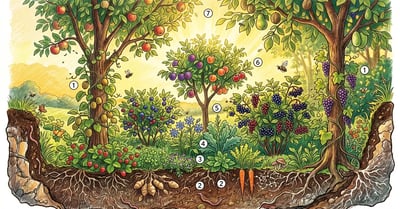 Pencil-crayon cross-section of a multi-layered food forest in late summer with all 7 layers stacked vertically — fruit trees, dwarf trees, berry shrubs, herbs, ground cover, root crops, and climbing vines, in golden hour light
