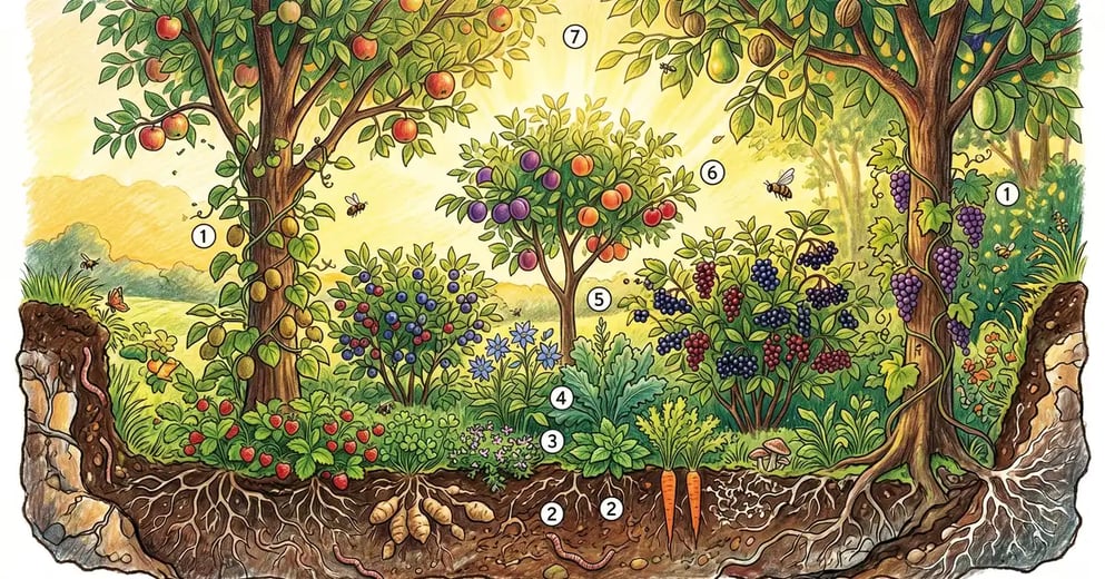Pencil-crayon cross-section of a multi-layered food forest in late summer with all 7 layers stacked vertically — fruit trees, dwarf trees, berry shrubs, herbs, ground cover, root crops, and climbing vines, in golden hour light