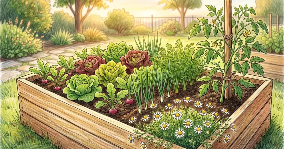 Pencil-crayon raised garden bed in late spring with carrot tops growing alongside onion shoots, a tomato plant, lettuce and radishes filling the gaps, and chamomile flowering at the edge in golden-hour light