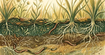 Pencil-crayon cross-section view of healthy garden soil showing layers of organic matter, plant roots descending, with bacteria, fungal threads, earthworms, springtails, and mycorrhizal fungi connecting roots together in warm soft glow