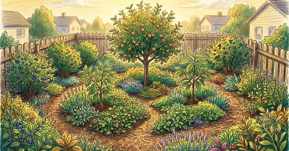 Pencil-crayon aerial view of a small suburban backyard food forest in late summer with a dwarf apple tree at center, pawpaw saplings, blueberry and currant shrubs, perennial herbs and strawberry ground cover, mulched paths, and a wooden fence at golden hour