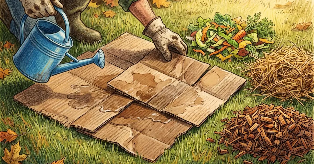 Wet cardboard sheets laid over mowed lawn as the base layer of a sheet mulch garden bed, with a wheelbarrow of compost in the background.