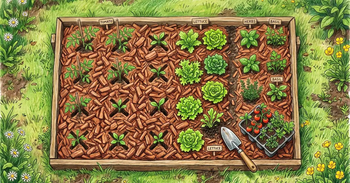 A finished sheet mulched garden bed in late spring with healthy young tomato, basil, and lettuce seedlings tucked through the dark mulch surface, illustrating successful establishment after the decomposition period.
