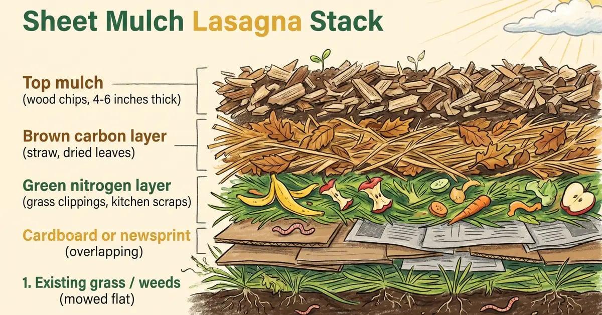 Cross-section infographic showing the five layers of a sheet mulch bed: existing soil, cardboard barrier, green nitrogen layer, brown carbon layer, and top mulch finish, with depth labels in inches and centimeters.