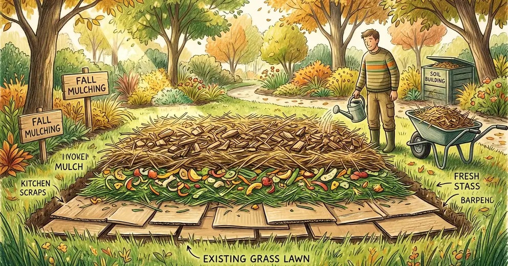 Pencil-crayon illustration of a freshly built sheet mulched garden bed with layers of cardboard, compost, and wood chips visible at the edge, ready for spring planting.