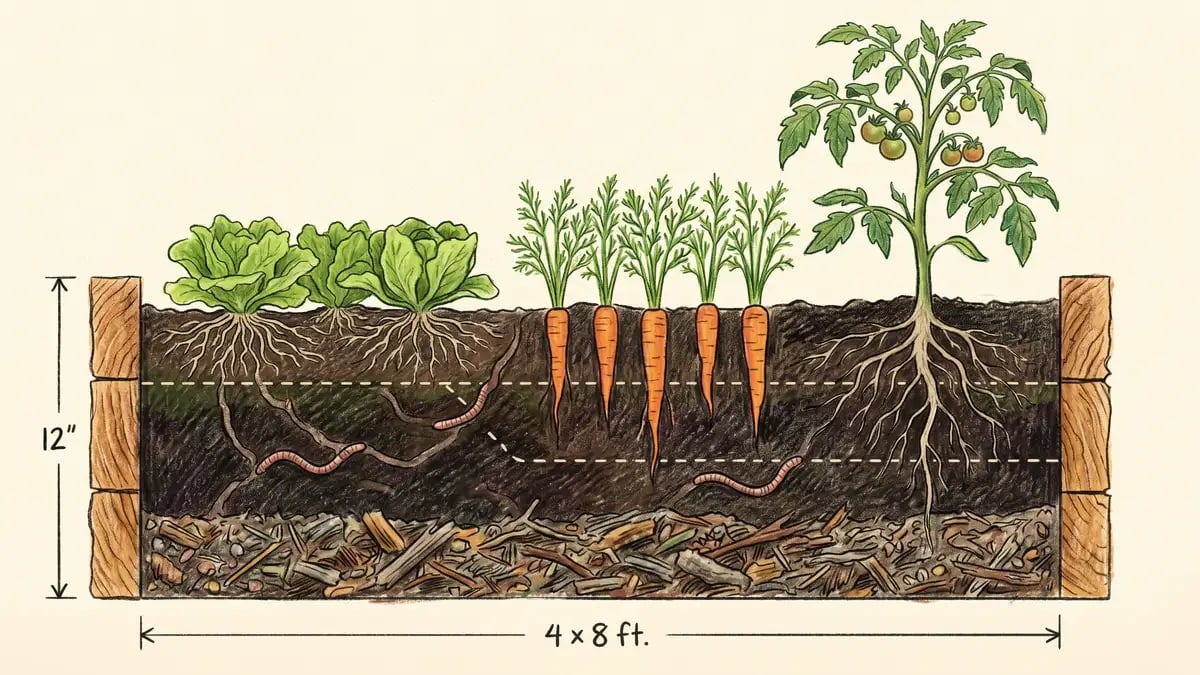 Cross-section illustration of a 4 by 8 foot raised garden bed showing the layered soil profile inside cedar plank walls, with deep-rooted tomato, medium-rooted carrots, and shallow-rooted lettuce drawn alongside their root depths.