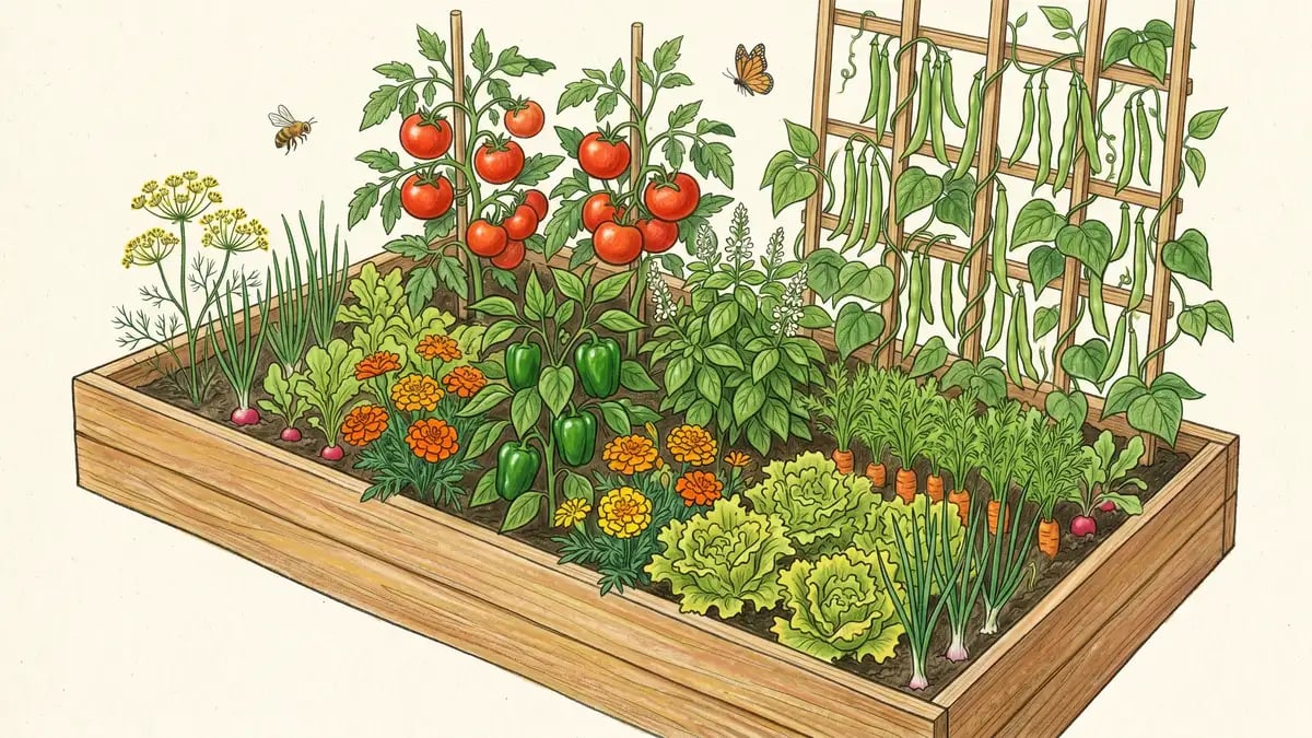 A pencil-illustrated 4 by 8 foot raised garden bed in mid-summer at peak production, overflowing with ripe tomatoes, climbing pole beans on a trellis, peppers, bushy basil, blooming marigolds, lettuce, and dill, with a honeybee and butterfly above the bed.