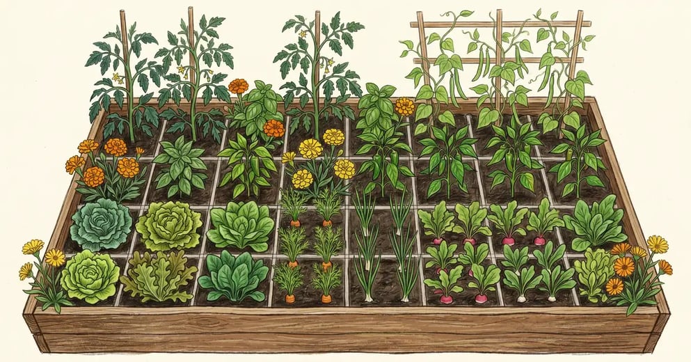 Pencil-illustrated overhead view of a 4 by 8 foot wooden raised garden bed in late spring with a companion planting layout: tomatoes and marigolds at the back, peppers and basil in the middle, lettuce and carrots in the front, and pole beans on a back trellis.
