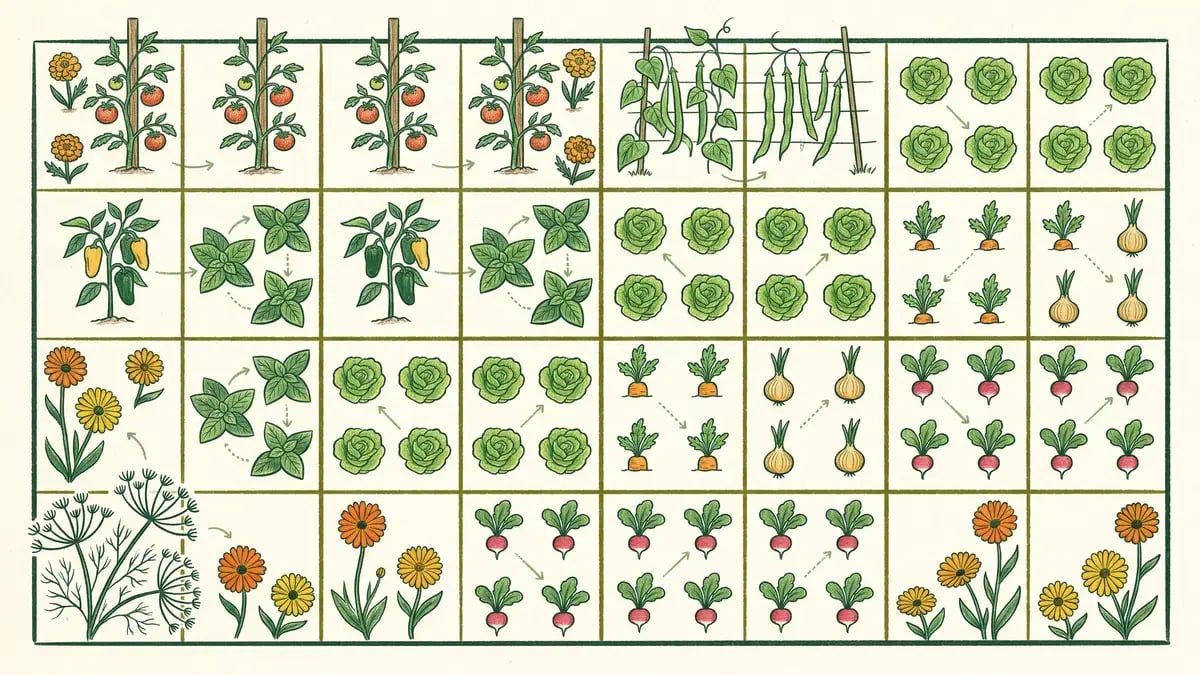 Top-down infographic of a 4 by 8 foot raised bed planting layout with each one-foot square sketched in: tomatoes and marigolds on the back row, peppers and basil in the middle, lettuce and carrots in the front, pole beans on a back trellis, calendula at the corners.