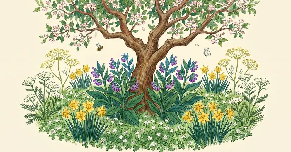 Pencil-illustrated overhead view of a mature backyard apple tree in late-spring bloom with a permaculture guild of comfrey, daffodils, white clover, yarrow, and dill planted in concentric rings around the trunk.