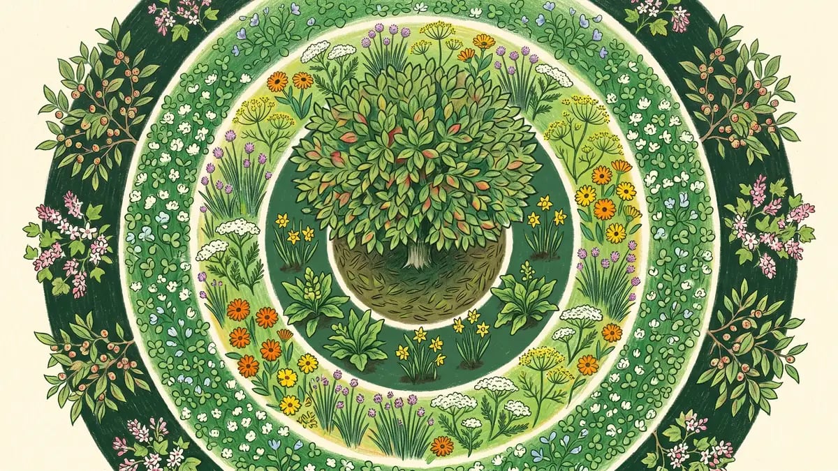Top-down infographic of the 7 functional layers of a fruit tree guild arranged in concentric rings around a central apple tree: clear mulch zone at the trunk, comfrey and daffodils, chives and yarrow and dill and calendula, white clover groundcover, and goumi shrubs at the drip line.