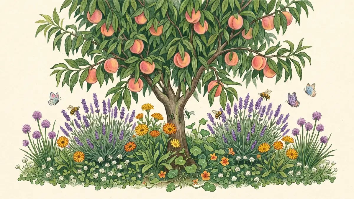 A mature peach tree in mid-summer with ripe pink-orange peaches surrounded by a productive stone fruit guild: bushy lavender plants, calendula flowers, scattered chives, white clover groundcover, and nasturtium leaves.