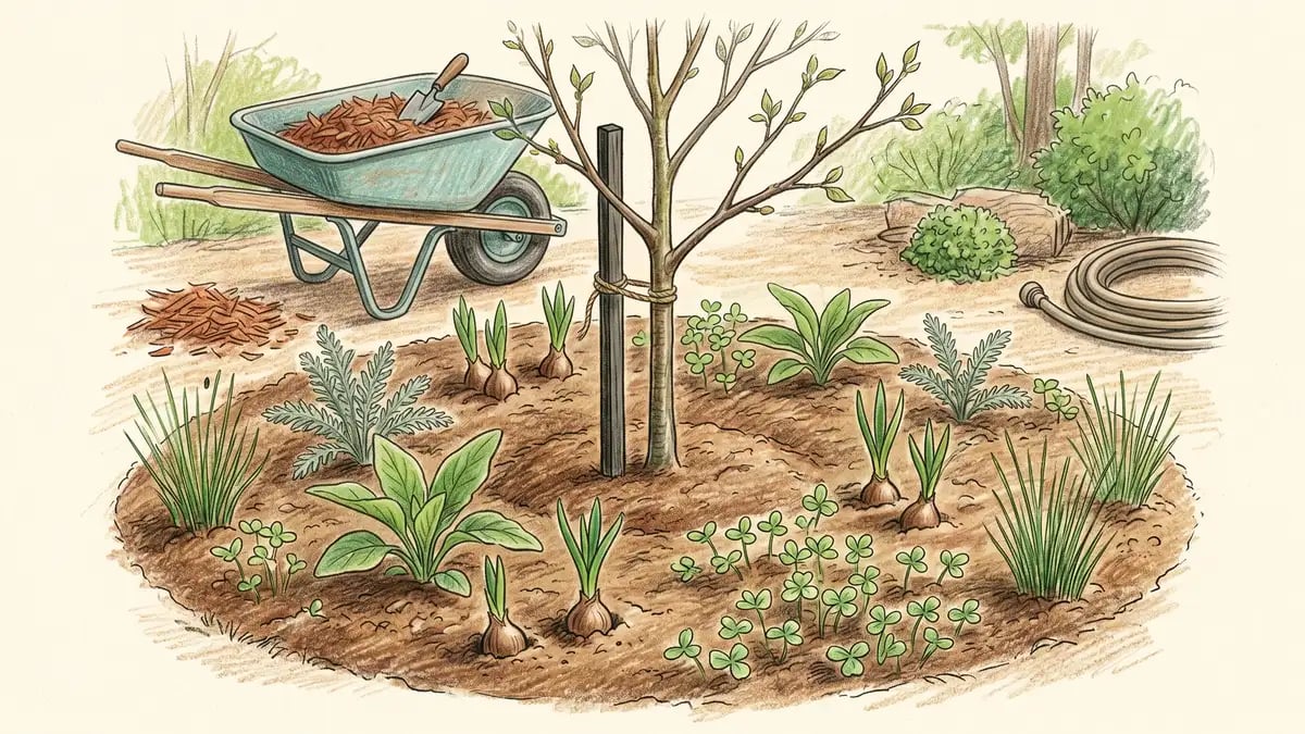 A young apple tree about 4 to 5 feet tall freshly planted in a backyard with the surrounding guild plants newly installed in a circular zone: comfrey starts, daffodil bulbs, white clover seedlings, young yarrow plants, and chives at the edges.