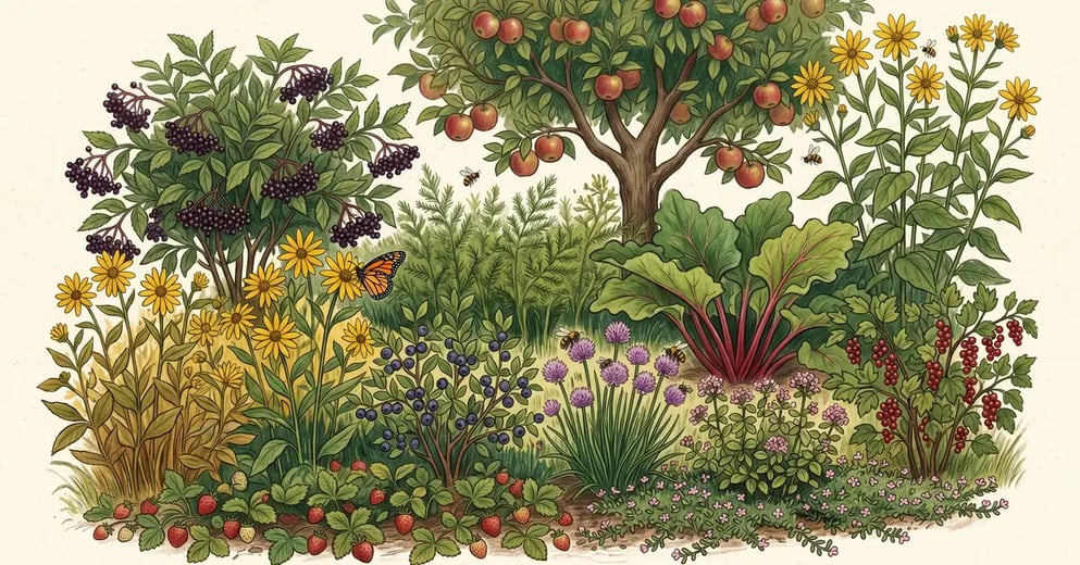 Pencil-illustrated abundant late-summer backyard food forest packed with edible perennials in distinct layers: a dwarf apple tree, elderberry, asparagus ferns, rhubarb, sunchoke flowers, blueberry and currant bushes, strawberries, chives and oregano in flower, and a tall Jerusalem artichoke at the back.