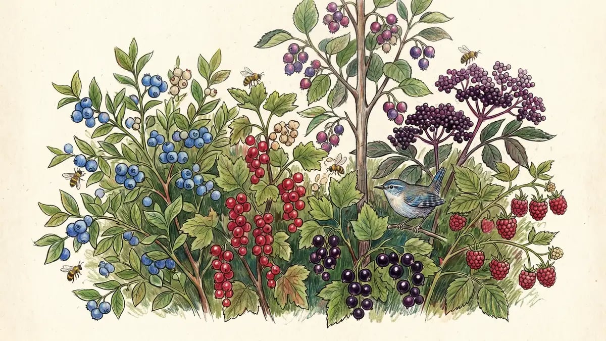 Mid-summer cluster of edible perennial fruit shrubs in full production: a blueberry bush laden with ripe blue berries, a red currant bush with translucent red bunches, a black currant with dark berries, a young serviceberry tree with purple berries, an elderberry shrub with dark umbels of berries, and a raspberry cane heavy with red fruit.