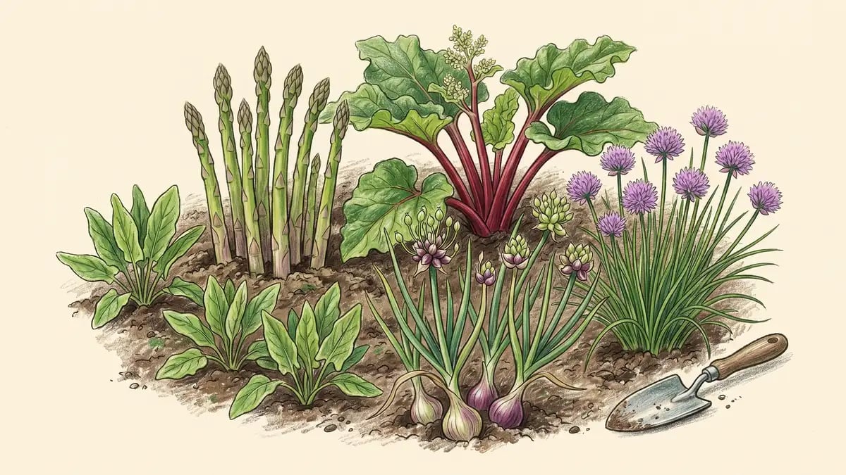 Productive perennial vegetable bed in spring with mature asparagus spears emerging in green clusters, a flowering rhubarb plant with deep red stalks and large green leaves, sorrel rosettes, walking onions with their distinctive top-set bulblets, and chive clumps blooming purple.