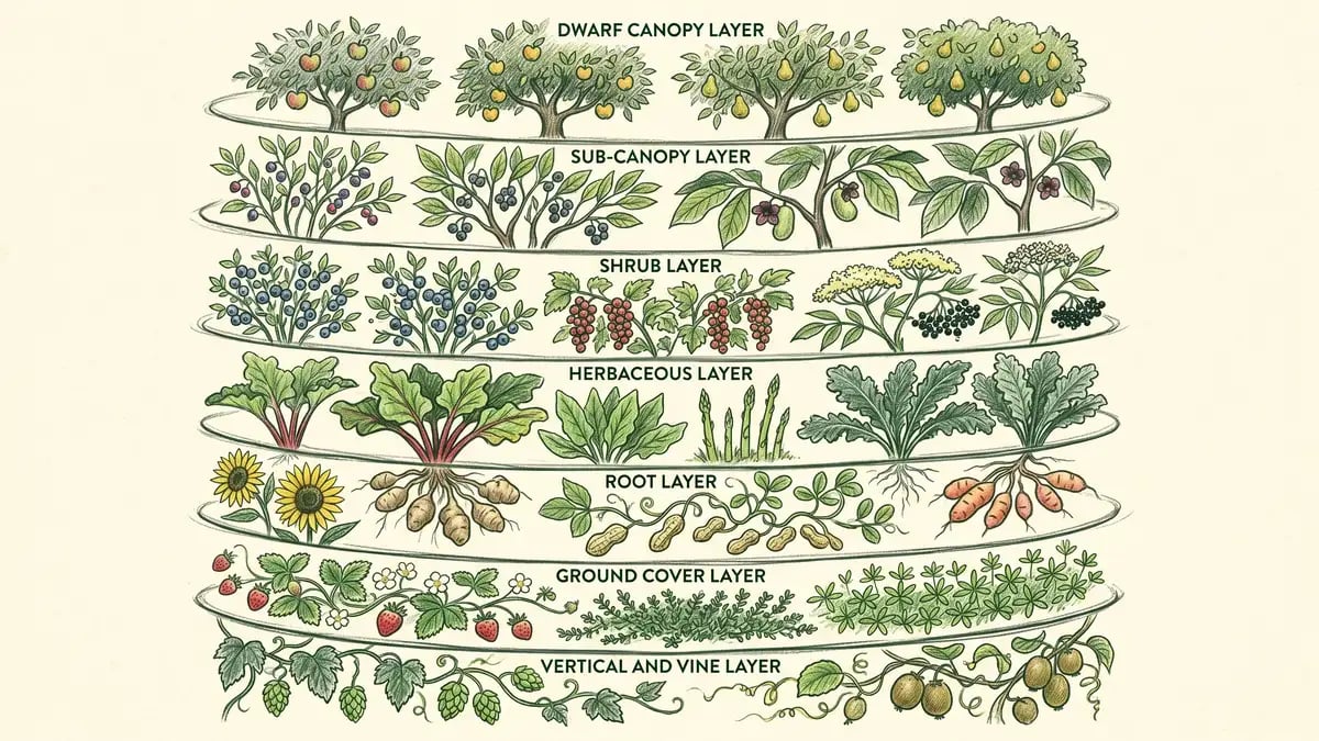 Infographic showing the 7 layers of a food forest stacked vertically: canopy, sub-canopy, shrub layer, herbaceous, ground cover, root layer, and climber/vine layer, each populated with sketched edible perennial species.