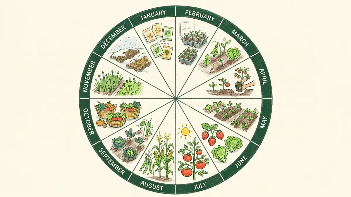 A 12-month planting calendar arranged as a circular wheel with 12 spokes from January through December, each containing small sketched icons of what to plant or harvest that month — seed packets in January, indoor seedlings in February, peas and lettuce in March, transplants in April, full beds in May, summer harvests, fall brassicas in September, cover crops in November, and mulched beds in December.
