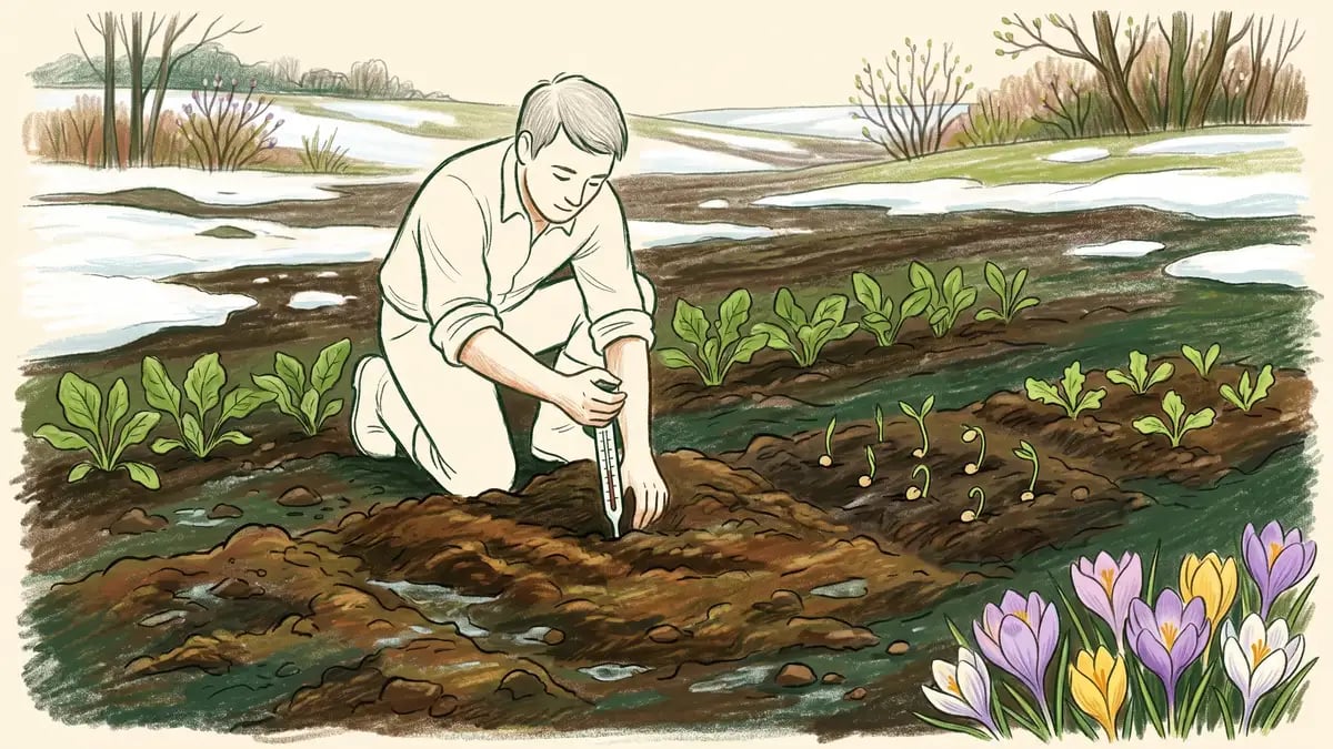 A gardener pushing a soil thermometer into freshly thawed dark soil with pea seeds sprouting nearby, tiny lettuce seedlings, a row of spinach, and a few crocus flowers in the corner with snowmelt visible in the background.