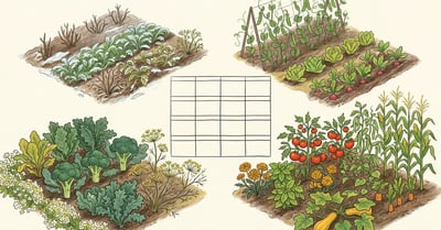 Pencil-illustrated overhead view of a backyard garden showing four seasons in quadrants of the same plot — winter cover crops, spring peas and lettuce, summer tomatoes and squash, fall brassicas and dill — with a 12-month calendar grid in the centre.