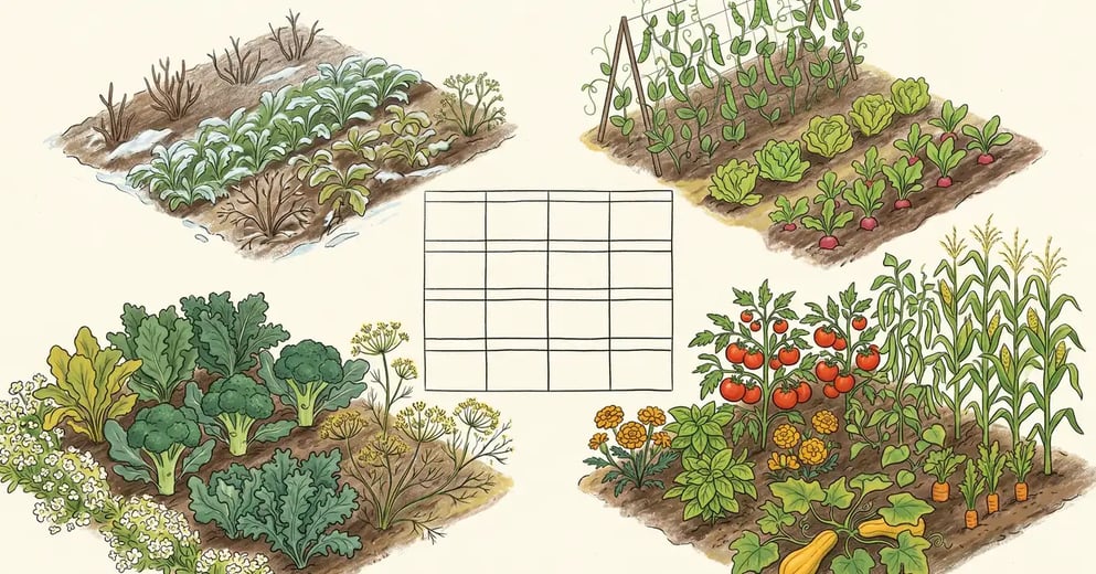Pencil-illustrated overhead view of a backyard garden showing four seasons in quadrants of the same plot — winter cover crops, spring peas and lettuce, summer tomatoes and squash, fall brassicas and dill — with a 12-month calendar grid in the centre.