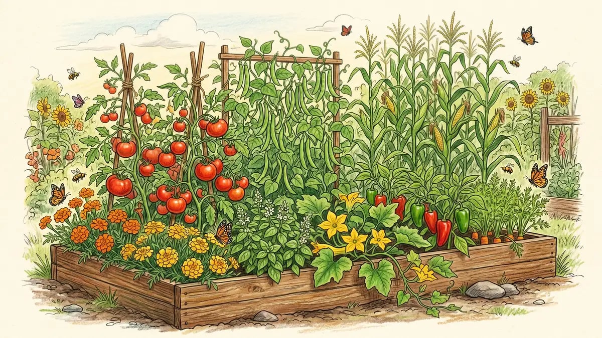 Late summer abundant garden scene at peak production with a 4 by 8 foot raised bed overflowing with ripe red tomatoes on staked vines, climbing pole beans on a trellis, bright orange marigolds, bushy basil, sweet corn stalks at the back, sprawling squash, glossy peppers, feathery carrot tops, with honeybees and butterflies in the air.
