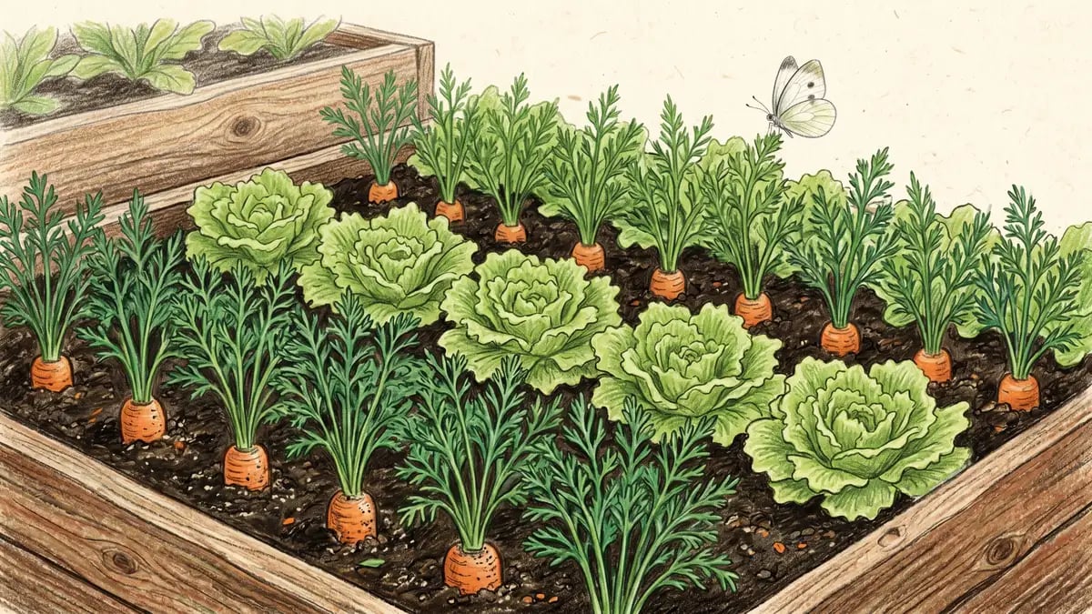 Close-up of carrots and lettuce growing together in alternating rows in a raised garden bed, with feathery green carrot tops, orange roots peeking through dark soil, and frilly green lettuce leaves arranged in rosettes between them.