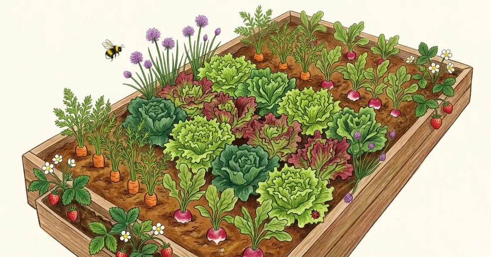 Pencil-illustrated overhead view of a productive cool-season raised bed in spring with lettuce as the centrepiece — rows of frilly green and red leaf lettuce, alongside carrots with feathery tops, scattered chives in purple bloom, radishes, and strawberry plants with white flowers and red fruits at the edges.