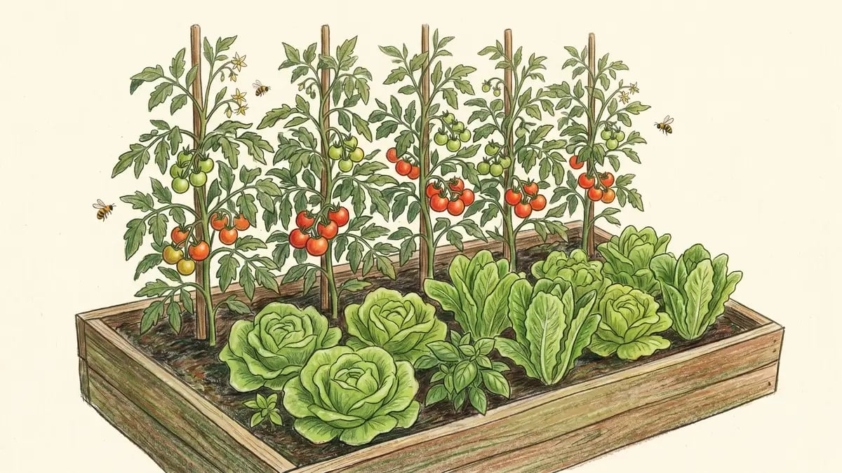 A late-spring scene of established tomato plants on stakes at the back of a raised bed with leafy butterhead and romaine lettuce growing in their afternoon shade in the foreground; tomato plants are tall with green and ripening red fruit, and lettuce in the foreground appears lush and unstressed.