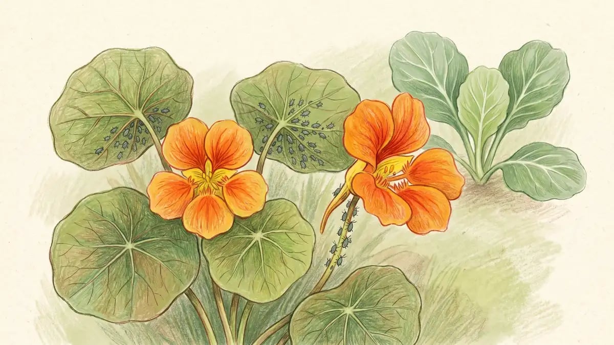 Close-up of nasturtium leaves and a single bright orange flower with black bean aphids clustered on the underside of the leaves and the flower stem; healthy brassica leaves visible in the background remain pristine and aphid-free.