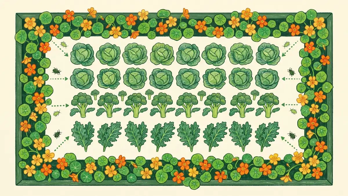 Top-down infographic of a 4 by 8 foot raised garden bed with nasturtiums planted at all four corners and along each long side as a perimeter border, with cabbage, broccoli, and kale in the centre; small green dotted lines show pests being diverted from the centre crops to the nasturtium perimeter.