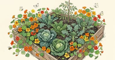 Pencil-illustrated overhead view of a vegetable garden bed with nasturtiums in vibrant orange and yellow bloom sprawling at the edges and along the perimeter, surrounding a centre cluster of healthy bushy cabbage, kale, broccoli, and a young tomato plant.
