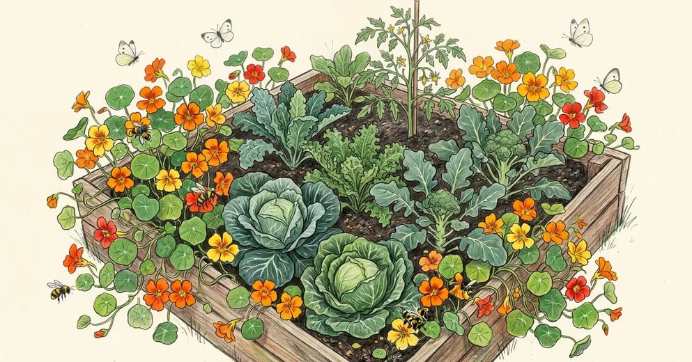 Pencil-illustrated overhead view of a vegetable garden bed with nasturtiums in vibrant orange and yellow bloom sprawling at the edges and along the perimeter, surrounding a centre cluster of healthy bushy cabbage, kale, broccoli, and a young tomato plant.