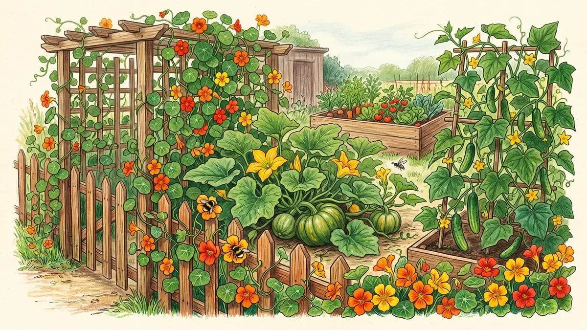 A mid-summer scene of a productive vegetable garden with climbing nasturtium vines trailing over a wooden trellis and along a 4-foot fence, alongside a lush squash plant with yellow blossoms and developing green pumpkins, and sprawling cucumber vines on a separate trellis.