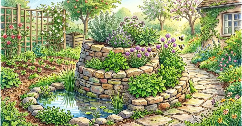 A traditional dry-stone permaculture herb spiral with rosemary, thyme, basil, mint, and watercress thriving across multiple microclimate zones from sunny apex to shaded pond base