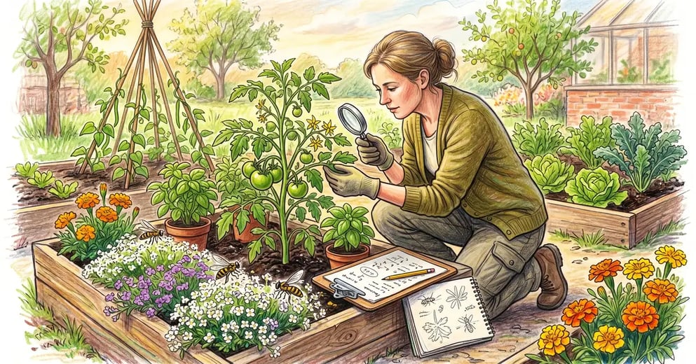A research-minded vegetable gardener crouched in a productive raised bed examining a tomato plant intercropped with sweet alyssum and basil, treating the bed like a small experiment