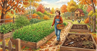 A backyard kitchen garden in autumn with raised beds covered in a thick green stand of crimson clover and cereal rye, contrasting with bare-soil beds of harvested vegetables nearby