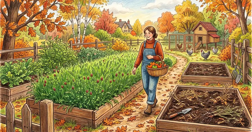 A backyard kitchen garden in autumn with raised beds covered in a thick green stand of crimson clover and cereal rye, contrasting with bare-soil beds of harvested vegetables nearby