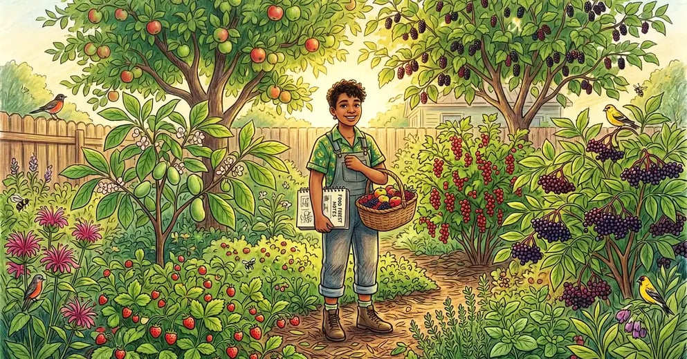 A young diverse temperate food forest in late summer with mature apple and mulberry canopy, pawpaw understorey, currant and elderberry shrub layer, and strawberries spreading at ground level — a young gardener walking the edge with a basket of mixed fruit