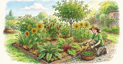 A young temperate-zone syntropic strip garden in late spring with stratified layers — mulberry, currants, hazelnut, comfrey, and placeholder sunflowers — and a gardener kneeling at the edge with hand pruners