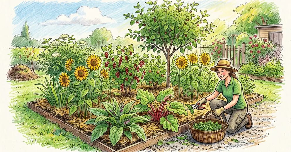 A young temperate-zone syntropic strip garden in late spring with stratified layers — mulberry, currants, hazelnut, comfrey, and placeholder sunflowers — and a gardener kneeling at the edge with hand pruners