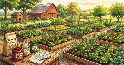 A homesteader's productive backyard vegetable garden in late spring with a wooden table holding three bins of organic NPK amendments — blood meal, bone meal, and kelp meal — beside a 10-10-10 fertilizer bag and a soil-test report