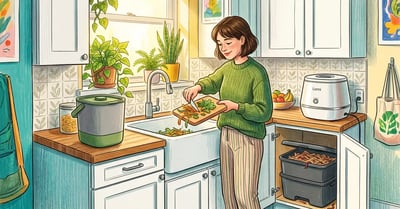 A bright modern apartment kitchen with three composting setups visible — a stylish bokashi bucket, a worm bin, and a sleek electric composter — and a young urban gardener scraping vegetable trimmings into the bokashi bucket