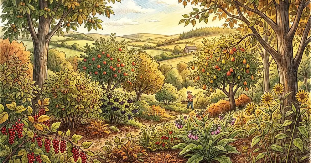Pencil-crayon illustration of a temperate climate syntropic agroforestry system showing chestnut, walnut, apple, hazelnut, comfrey, and Jerusalem artichoke arranged across canopy layers in late summer light