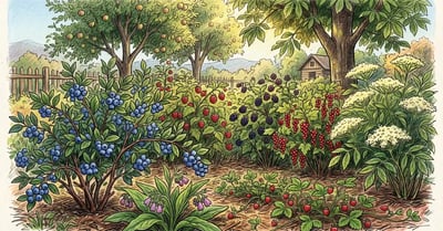Pencil-crayon illustration of a temperate food forest shrub layer in late summer with blueberry, raspberry, blackberry, currant and elderberry bushes under a canopy of apple and chestnut trees