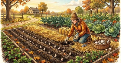 Pencil-crayon illustration of fall garlic planting bed in late October with rows of cloves being tucked into soil under straw mulch, companion strawberries and overwintering brassicas at the bed edges